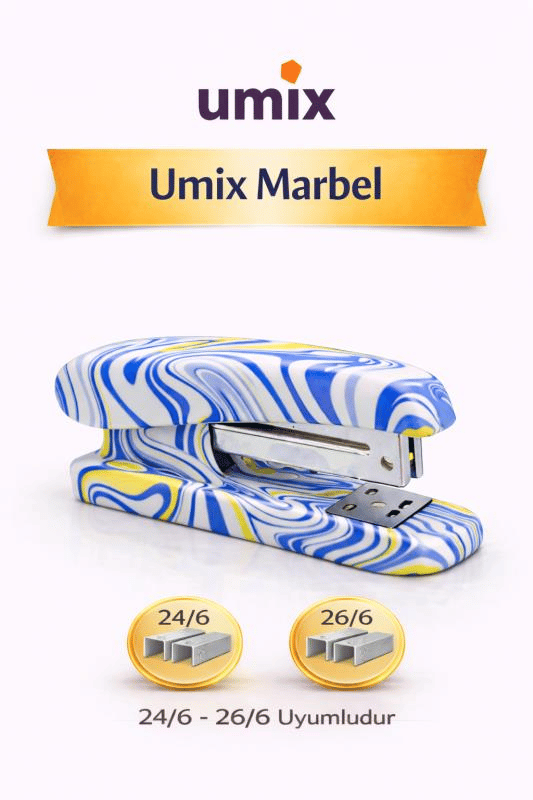 Umix Marbel Desenli Zımba Makinesi 24/6 – 26/6 Uyumlu Renkli Ofis & Okul Zımbası