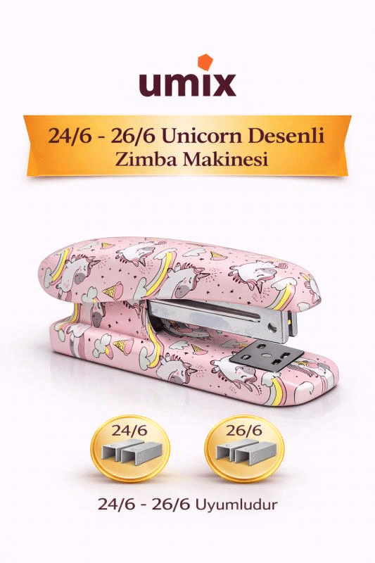 Umix Unicorn Desenli Zımba Makinesi 24/6 – 26/6 Uyumlu Renkli Ofis & Okul Zımbası