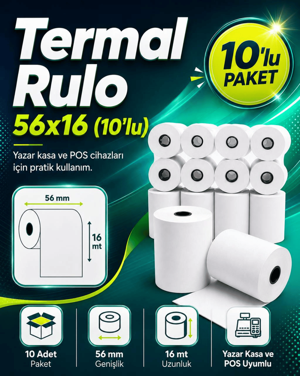 Umur 56x16 m Termal Yazar Kasa POS Rulosu – 10’lu Paket UMUR ÜRETİM