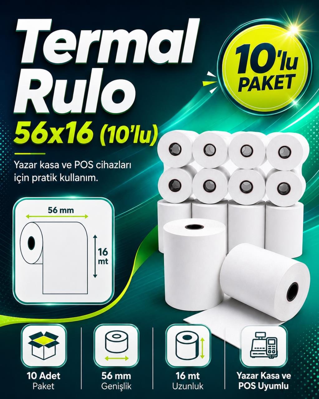 Umur 56x16 m Termal Yazar Kasa POS Rulosu – 10’lu Paket UMUR ÜRETİM