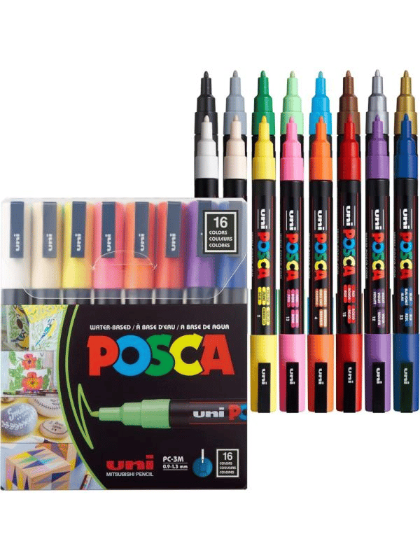 Uni Posca PC-3M Su Bazlı Marker Seti 16’lı (0,9–1,3 mm) – Standart Renkler