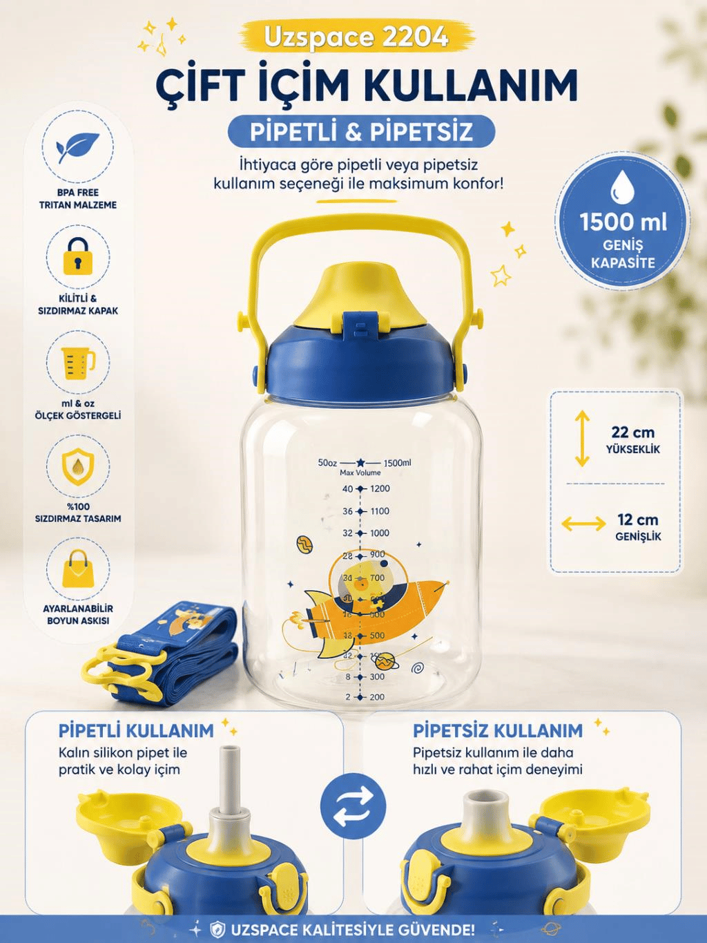 Uzspace 2204 Mavi 1500 ml Çift İçim Ölçek Göstergeli Tritan Çocuk Su Matarası