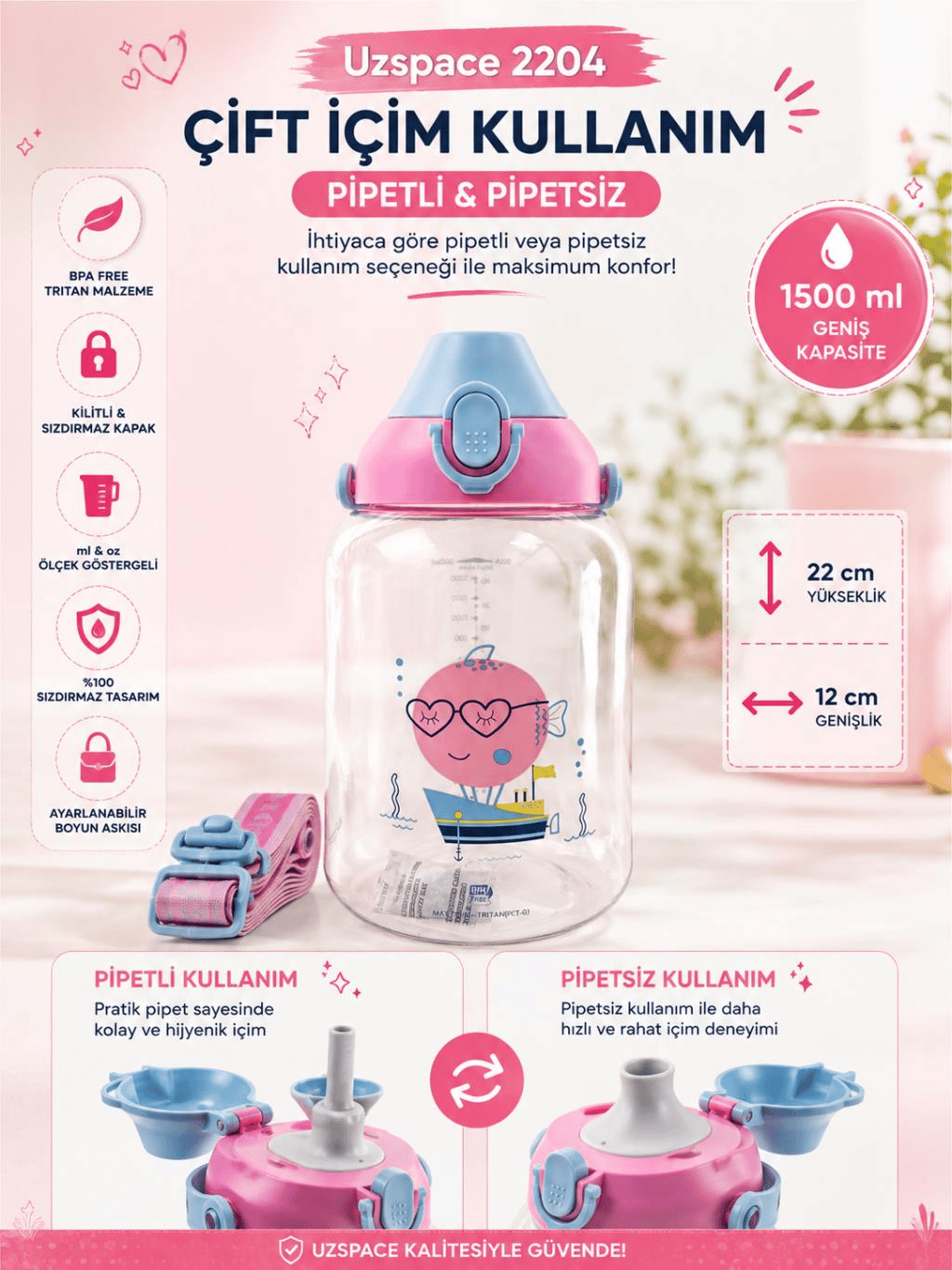 Uzspace 2204 Pembe 1500 ml Çift İçim Ölçek Göstergeli Tritan Çocuk Su Matarası