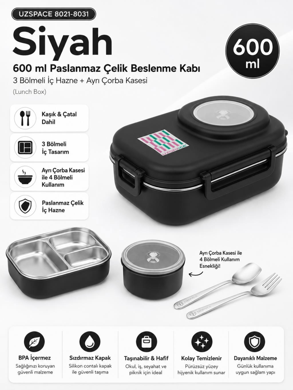 Uzspace 8021-8031 Siyah 600 ml 4 Bölmeli Paslanmaz Çelik Beslenme Kabı (Lunch Box)