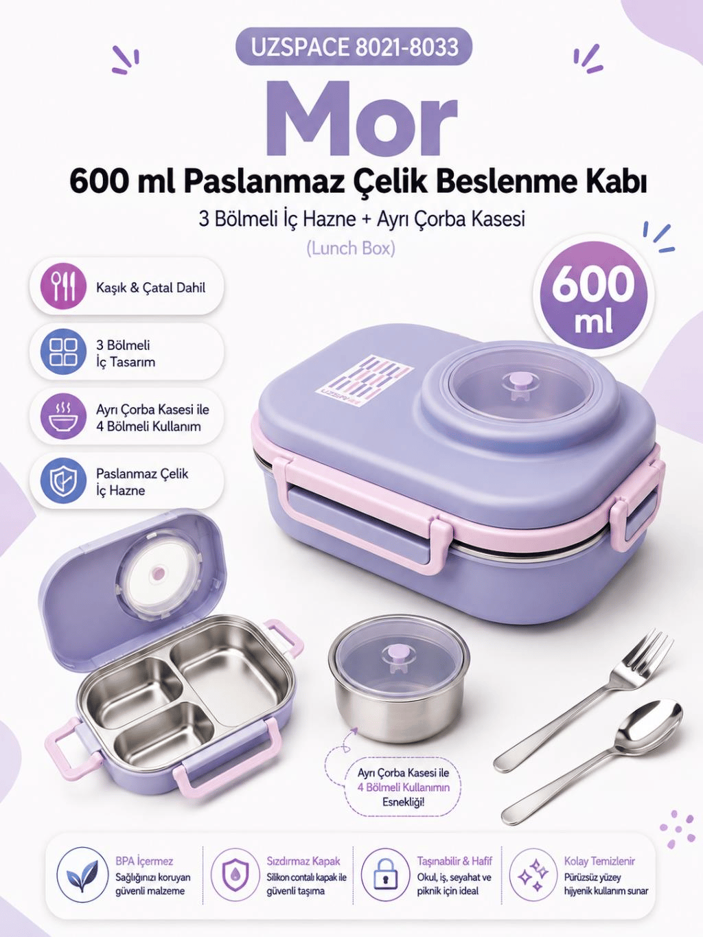 Uzspace 8021-8033 Mor 600 ml 4 Bölmeli Paslanmaz Çelik Beslenme Kabı (Lunch Box)
