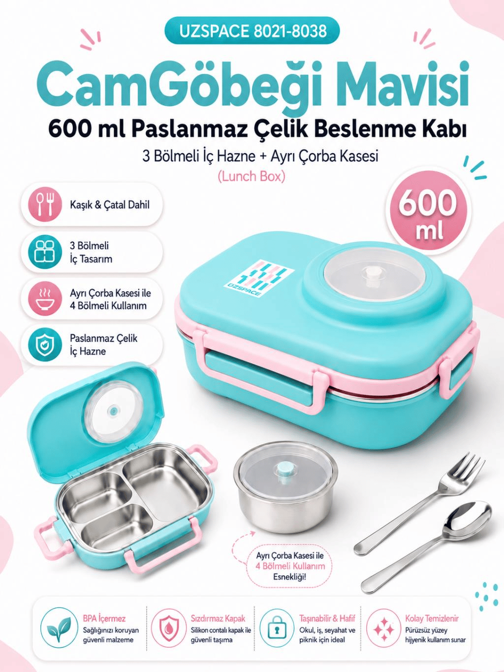 Uzspace 8021-8038 CamGöbeği Mavisi 600 ml 4 Bölmeli Paslanmaz Çelik Beslenme Kabı (Lunch Box)
