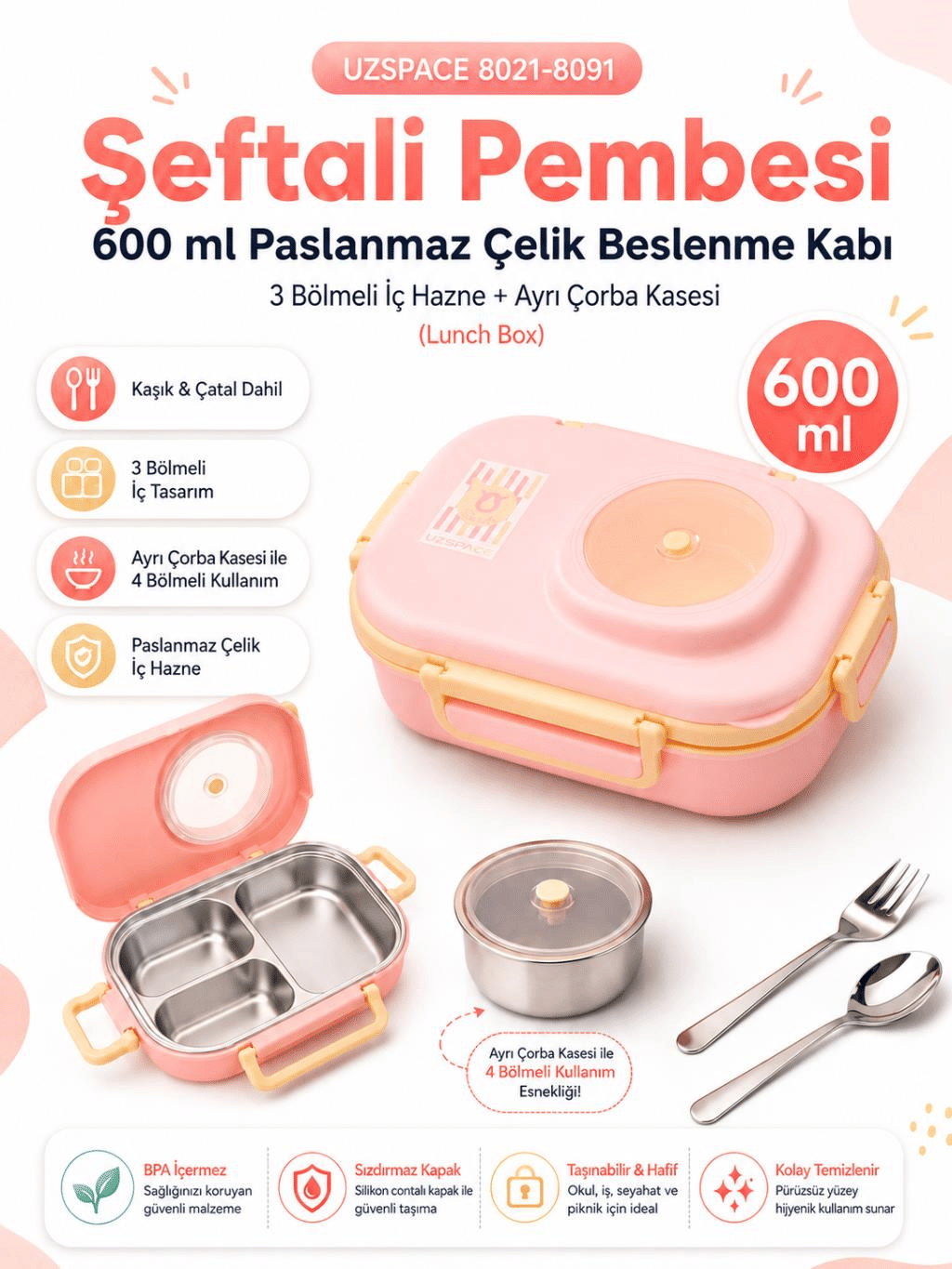 Uzspace 8021-8091 Şeftali Pembesi 600 ml 4 Bölmeli Paslanmaz Çelik Beslenme Kabı (Lunch Box)