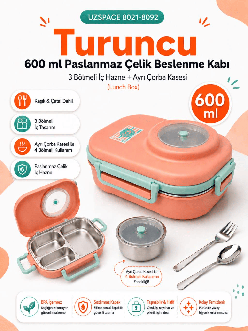 Uzspace 8021-8092 Turuncu 600 ml 4 Bölmeli Paslanmaz Çelik Beslenme Kabı (Lunch Box)