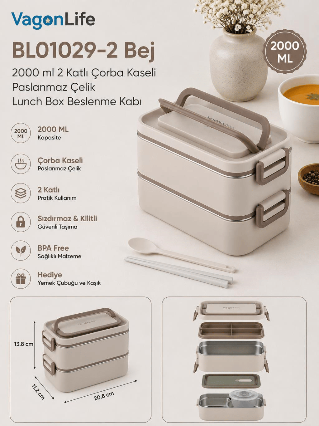 Vagon Life BL01029-2 Bej 2000 ml 2 Katlı Çorba Kaseli Paslanmaz Çelik Lunch Box Beslenme Kabı