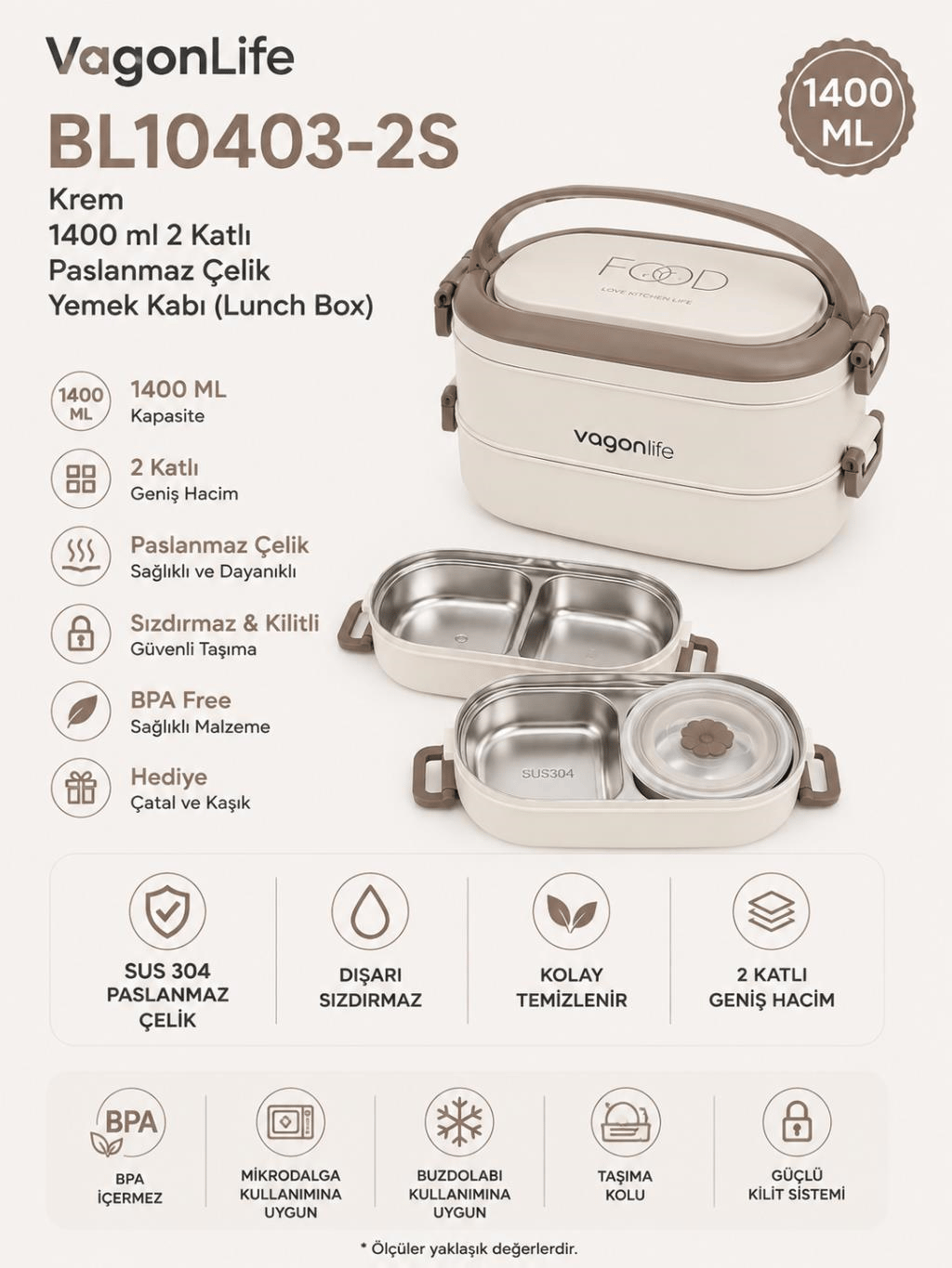 Vagon Life BL10403-2S Krem 1400 ml 2 Katlı Paslanmaz Çelik Lunch Box Beslenme Kabı