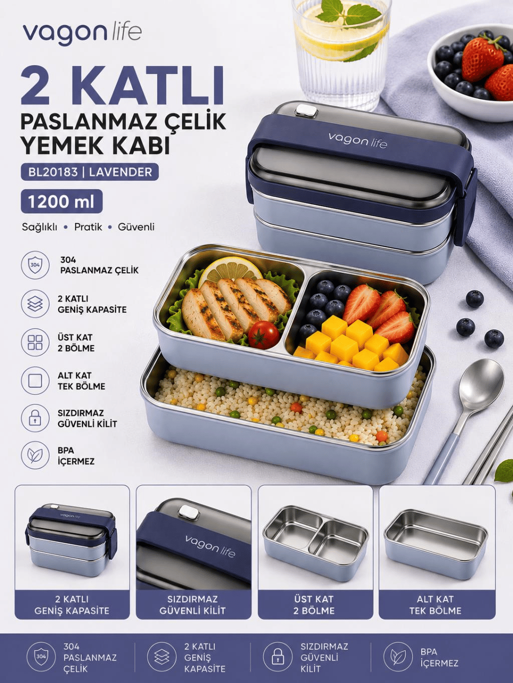 Vagon Life BL20183 Lacivert 1200 ml 2 Katlı 3 Bölmeli Paslanmaz Çelik Yemek Kabı (Lunch Box)