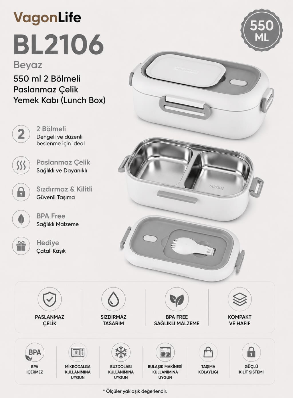 Vagon Life BL2106 Beyaz 550 ml 2 Bölmeli Paslanmaz Çelik Yemek Kabı (Lunch Box)