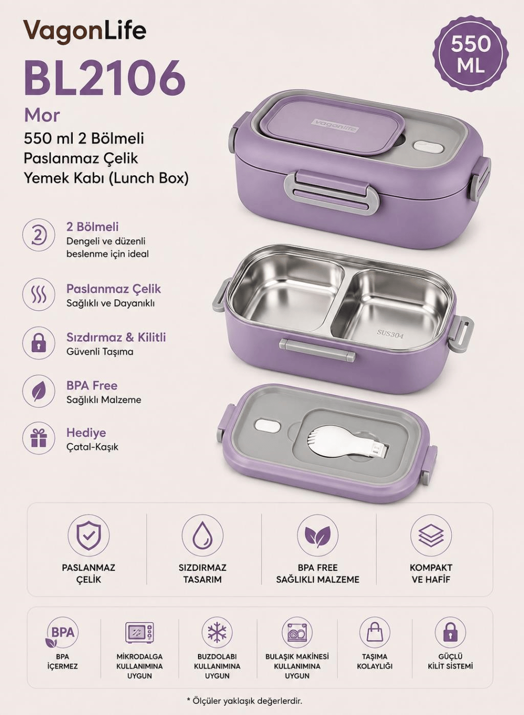 Vagon Life BL2106 Mor 550 ml 2 Bölmeli Paslanmaz Çelik Yemek Kabı (Lunch Box)