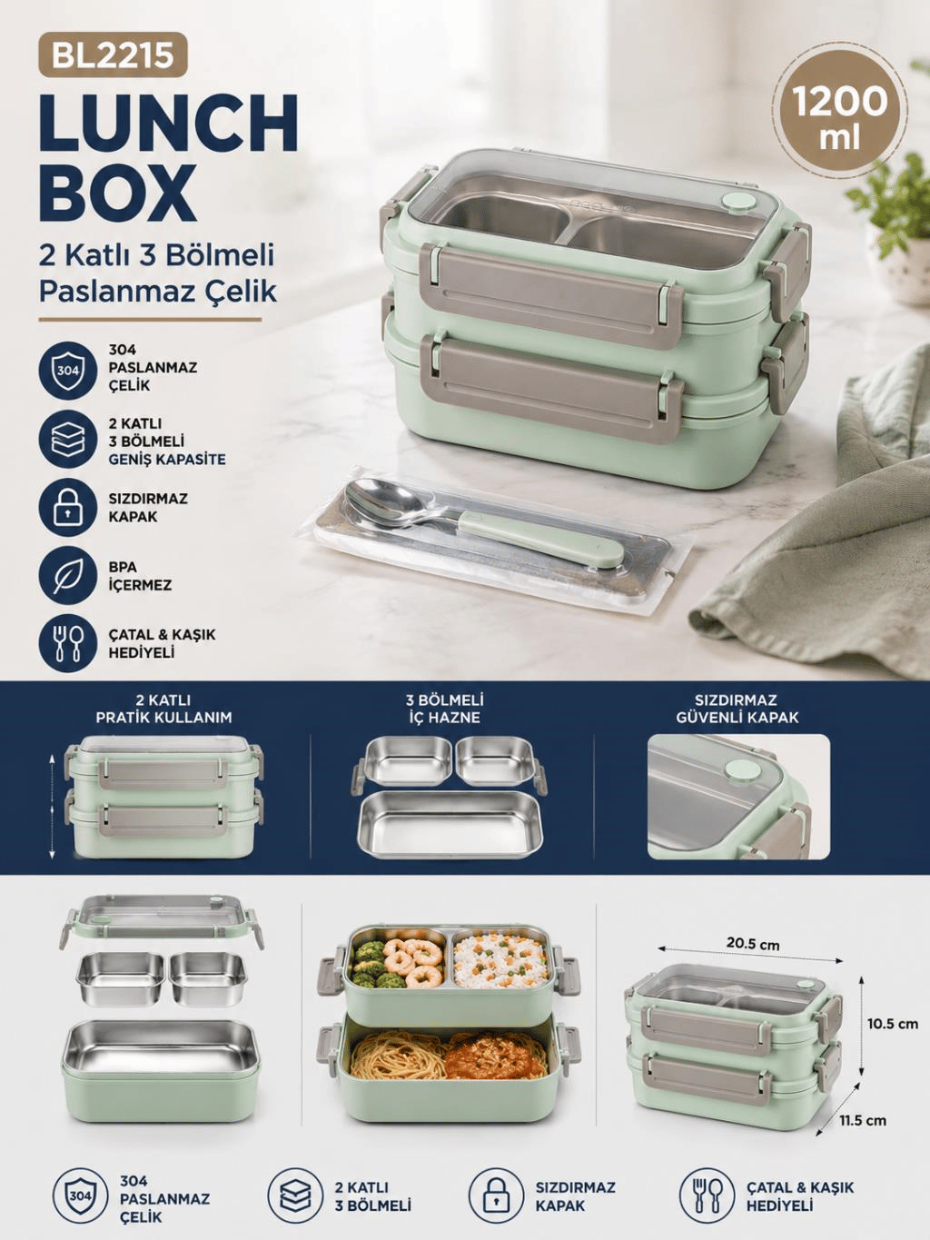 Vagon Life BL2215 Açık Mavi 1200 ml 2 Katlı 3 Bölmeli Paslanmaz Çelik Yemek Kabı (Lunch Box)