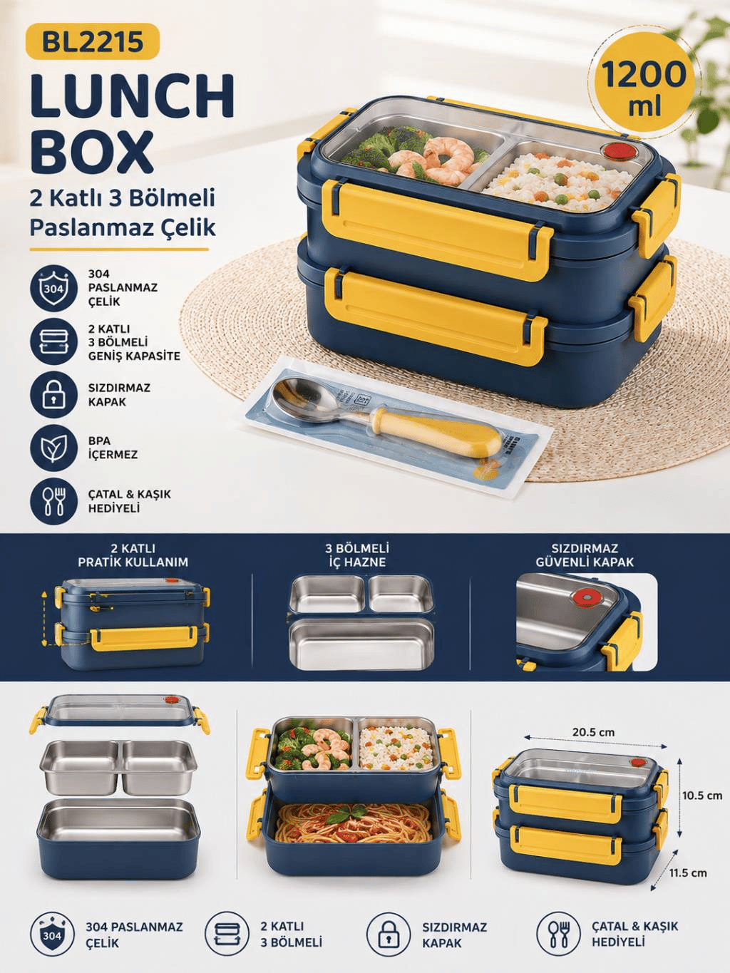 Vagon Life BL2215 Lacivert 1200 ml 2 Katlı 3 Bölmeli Paslanmaz Çelik Yemek Kabı (Lunch Box)