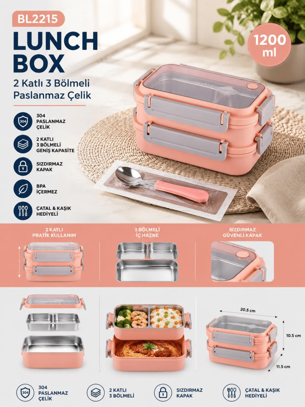 Vagon Life BL2215 Pembe 1200 ml 2 Katlı 3 Bölmeli Paslanmaz Çelik Yemek Kabı (Lunch Box)