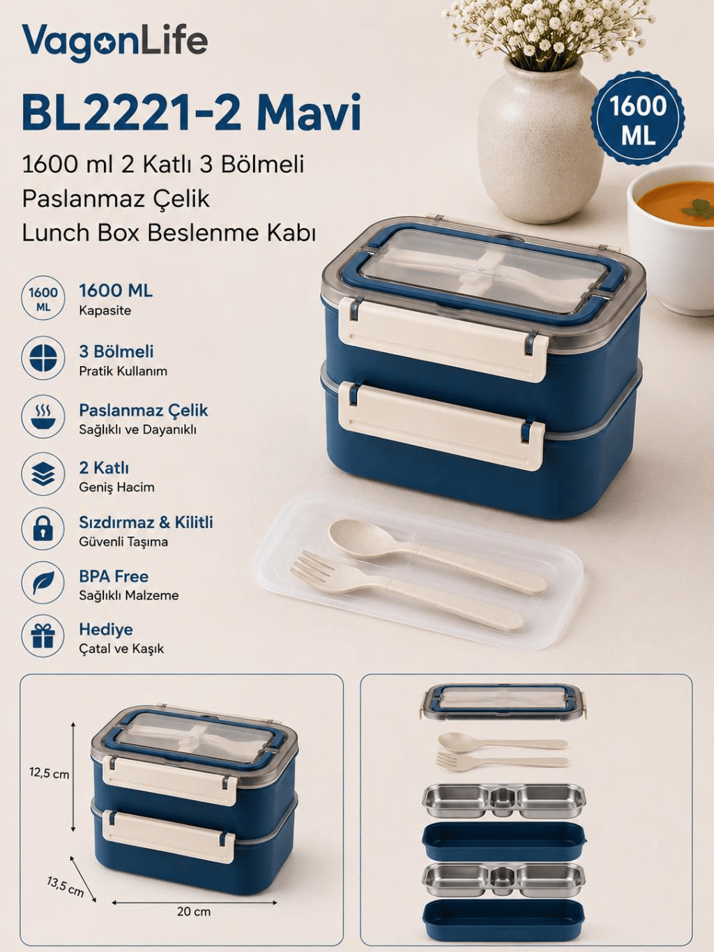 Vagon Life BL2221-2 Mavi 1600 ml 2 Katlı 3 Bölmeli Paslanmaz Çelik Lunch Box Beslenme Kabı