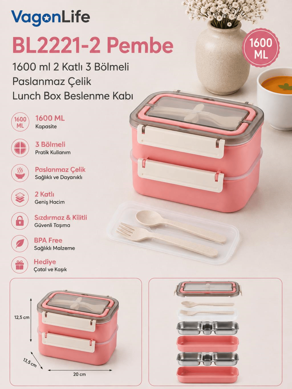 Vagon Life BL2221-2 Pembe 1600 ml 2 Katlı 3 Bölmeli Paslanmaz Çelik Lunch Box Beslenme Kabı