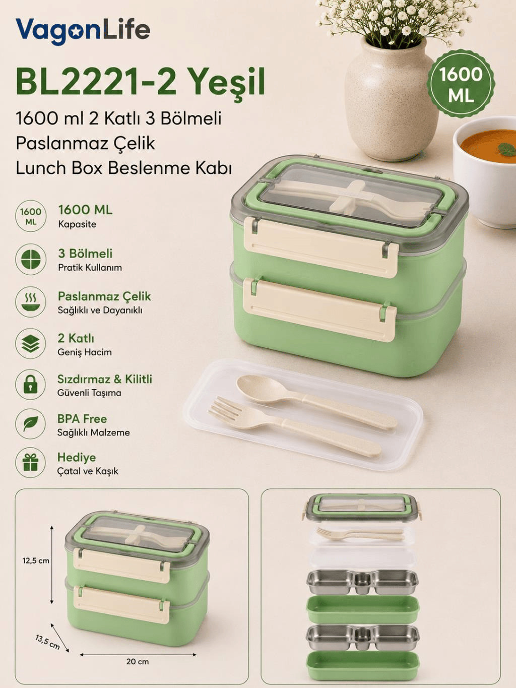 Vagon Life BL2221-2 Yeşil 1600 ml 2 Katlı 3 Bölmeli Paslanmaz Çelik Lunch Box Beslenme Kabı