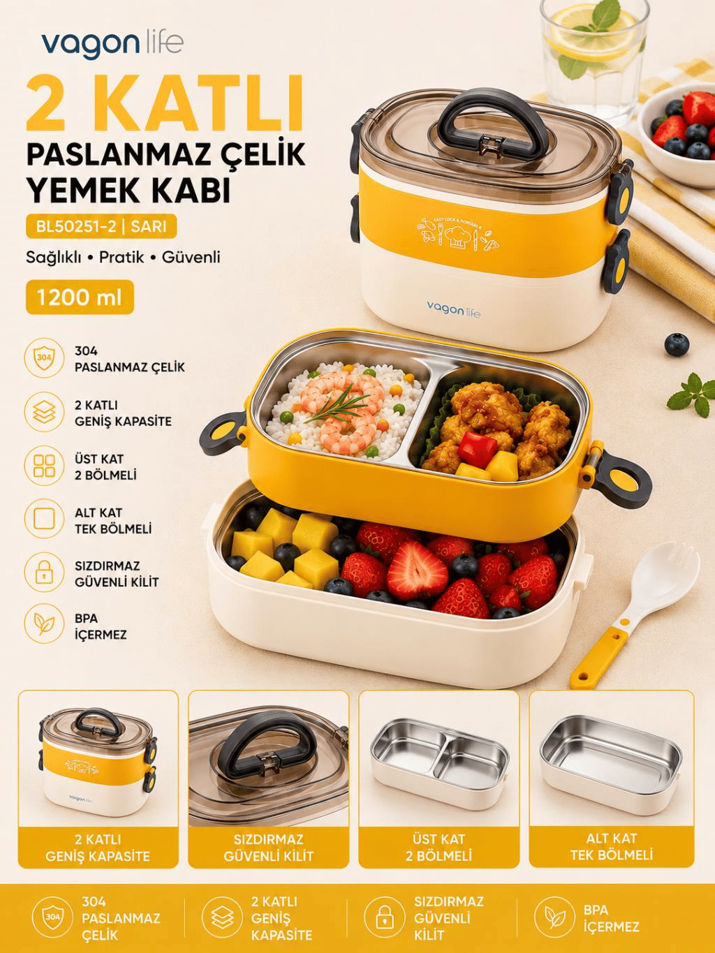 Vagon Life BL50251-2 Sarı 1200 ml 2 Katlı 3 Bölmeli Paslanmaz Çelik Yemek Kabı (Lunch Box)