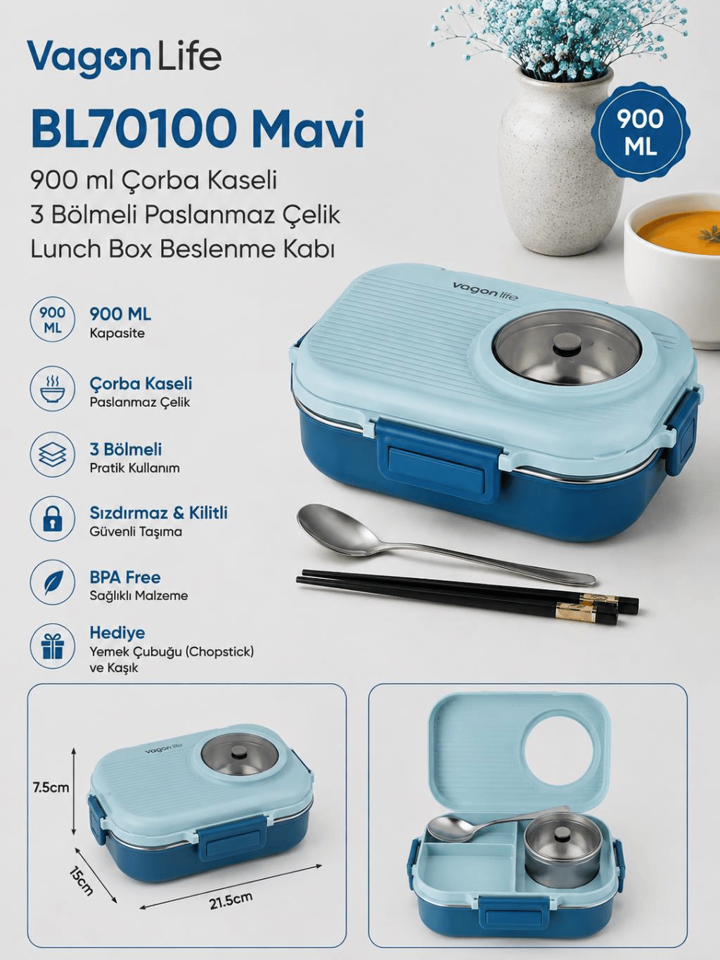 Vagon Life BL70100 Mavi 900 ml Çorba Kaseli 3 Bölmeli Paslanmaz Çelik Lunch Box Beslenme Kabı