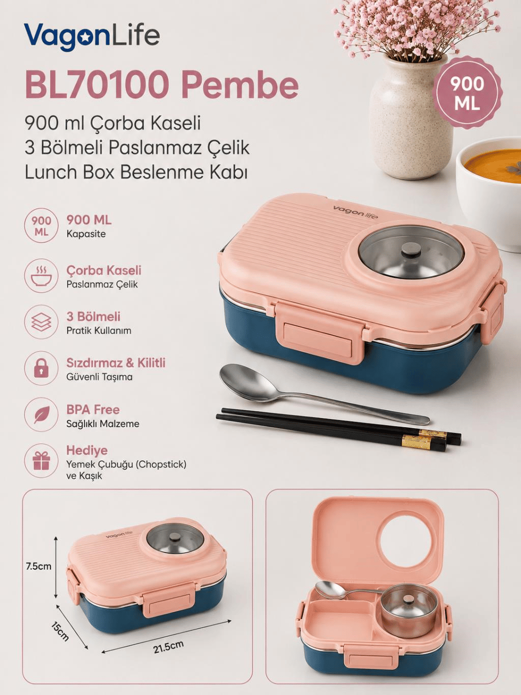 Vagon Life BL70100 Pembe 900 ml Çorba Kaseli 3 Bölmeli Paslanmaz Çelik Lunch Box Beslenme Kabı