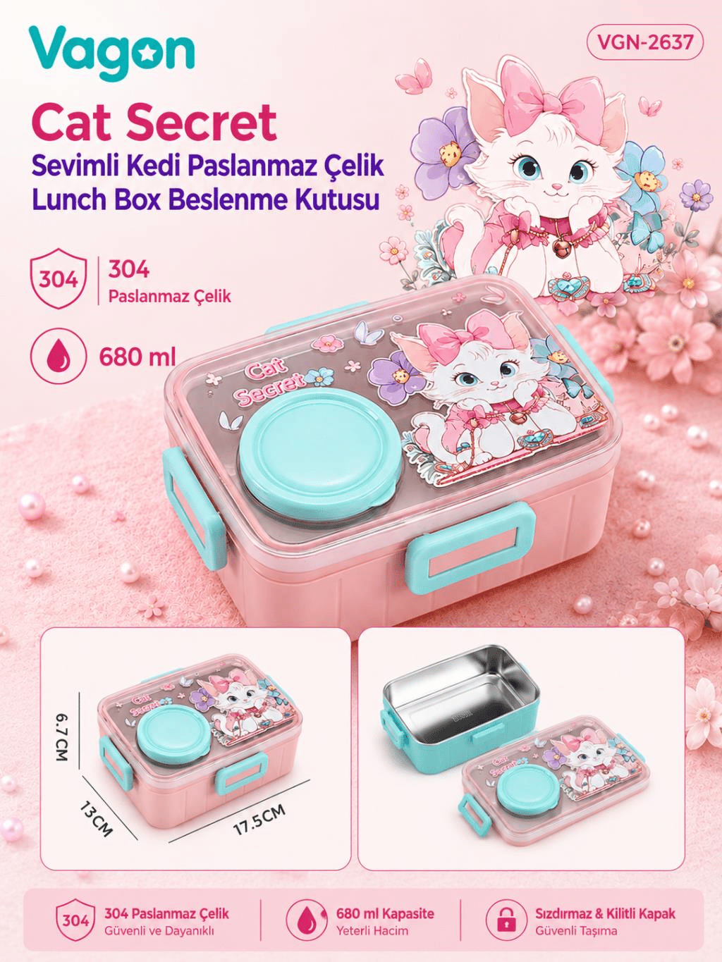 Vagon Life Cat Secret Sevimli Kedi Paslanmaz Çelik Lunch Box Beslenme Kutusu VGN-2637