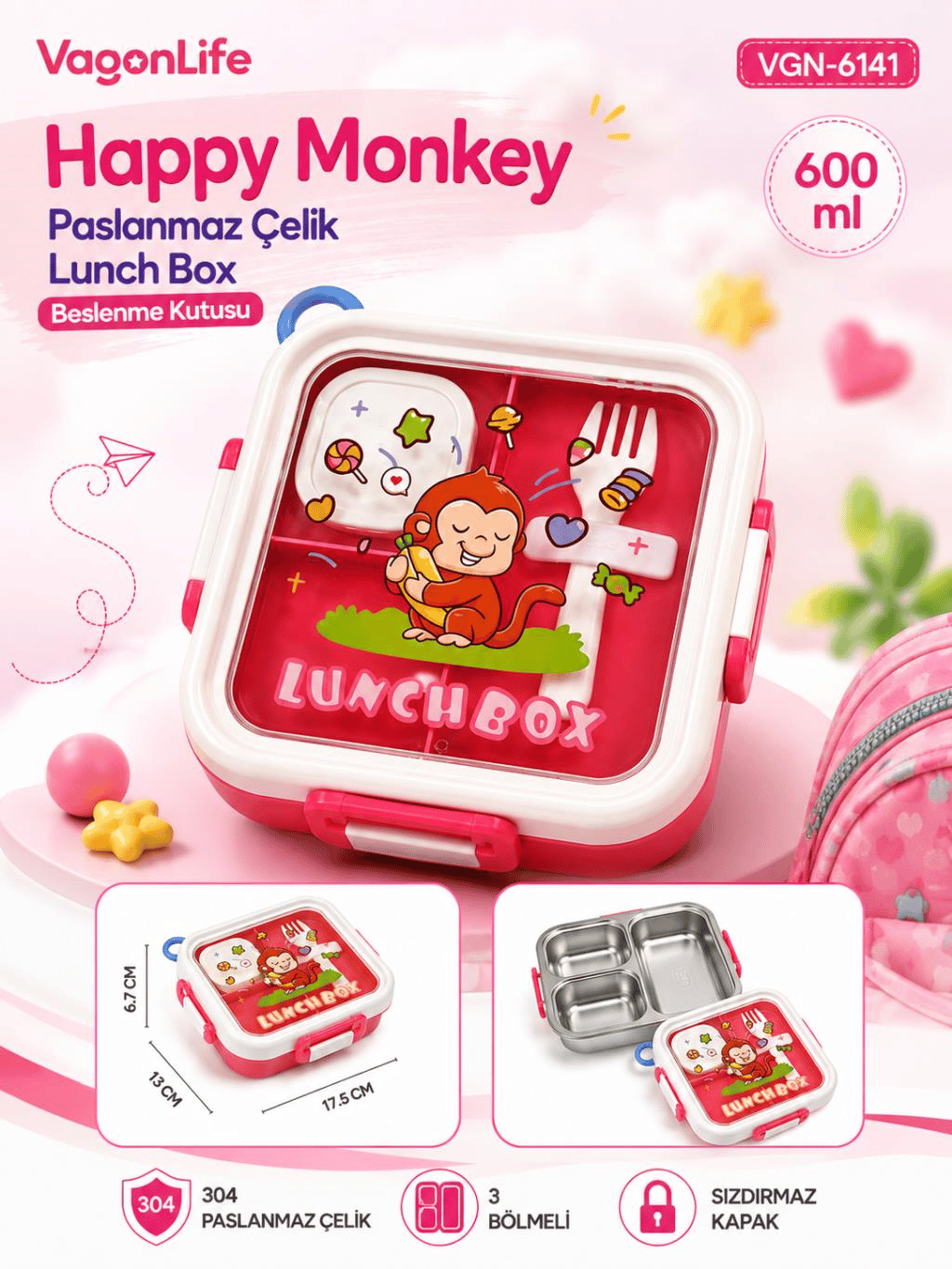 Vagon Life Happy Monkey VGN-6141 Pembe 600 ml Tek Katlı 3 Bölmeli Paslanmaz Çelik Lunch Box