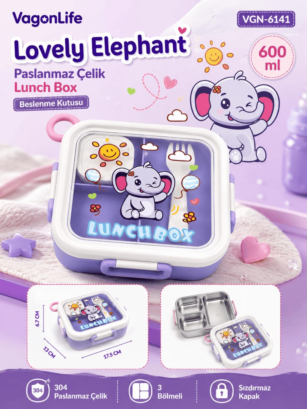 Vagon Life Lovely Elephant VGN-6141 Lila 600 ml Tek Katlı 3 Bölmeli Paslanmaz Çelik Lunch Box