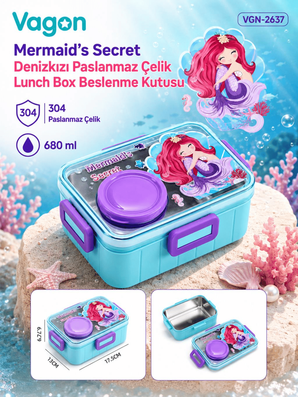 Vagon Life Mermaid's Secret Denizkızı Paslanmaz Çelik Lunch Box Beslenme Kutusu VGN-2637