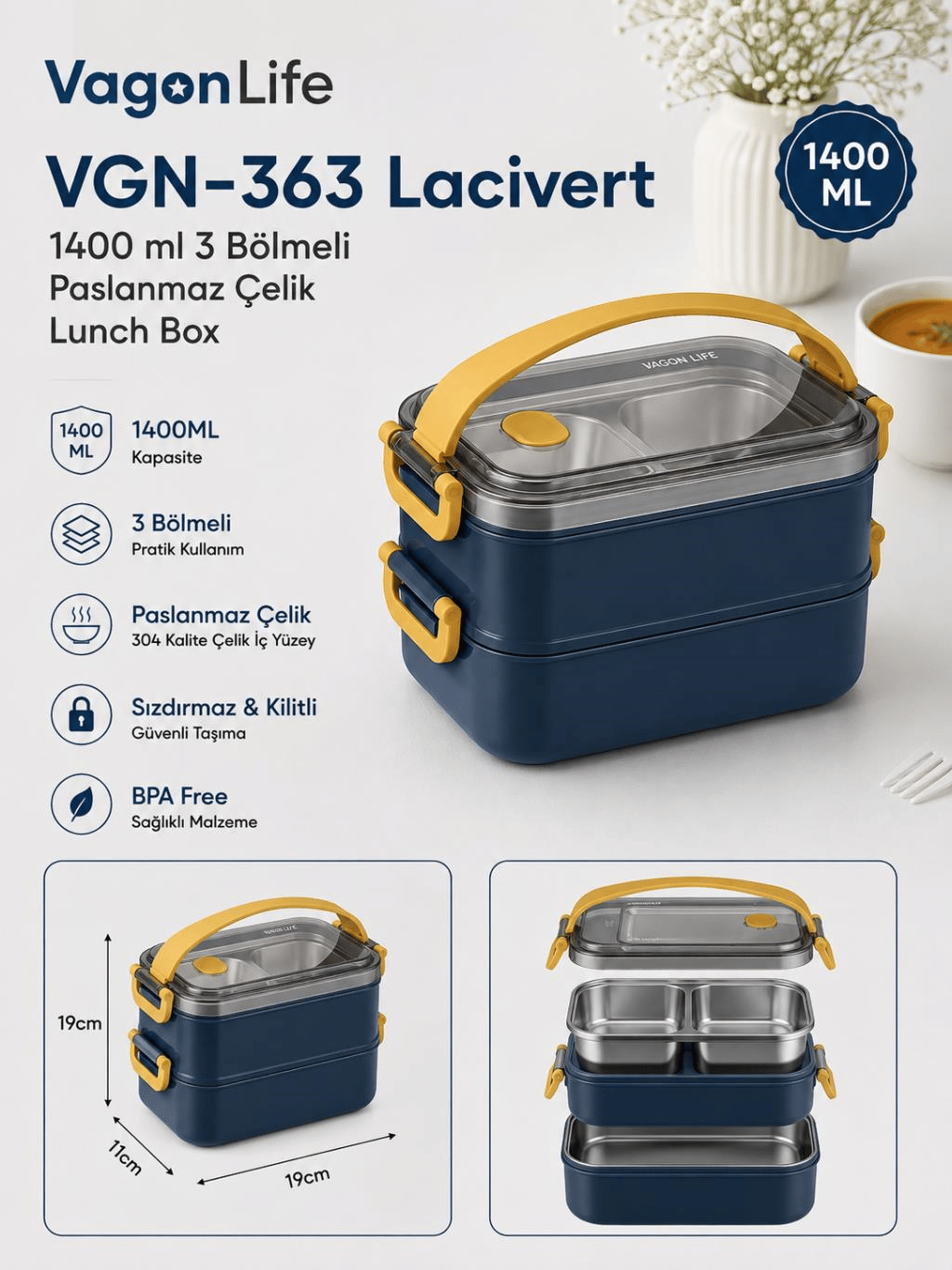 Vagon Life VGN-363 Lacivert 1400 ml 3 Bölmeli Paslanmaz Çelik Yemek Kabı (Lunch Box)
