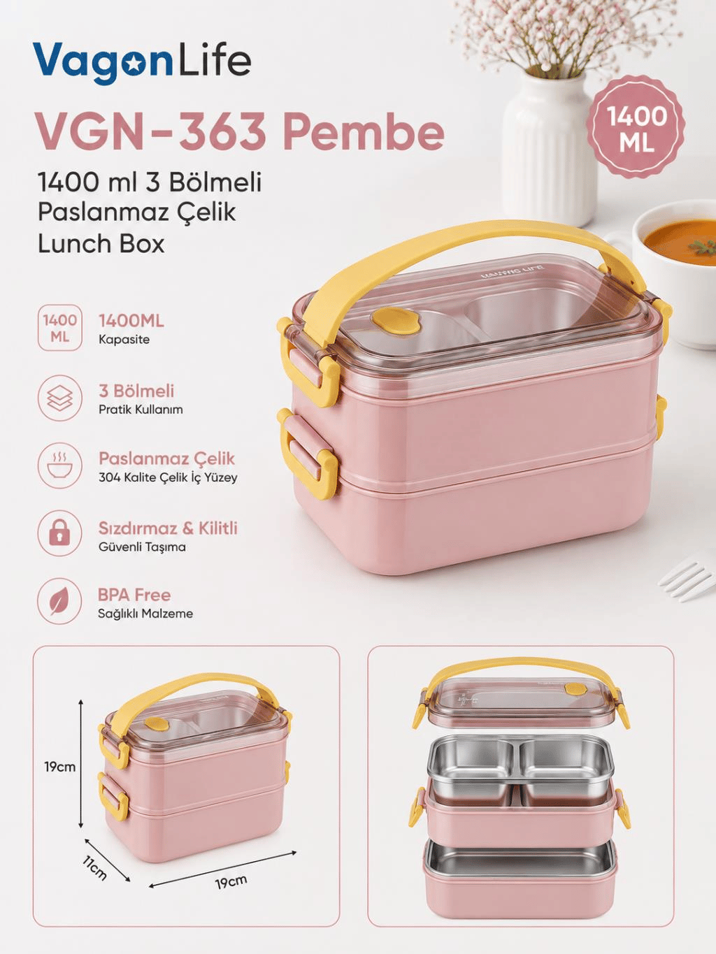 Vagon Life VGN-363 Pembe 1400 ml 3 Bölmeli Paslanmaz Çelik Yemek Kabı (Lunch Box)
