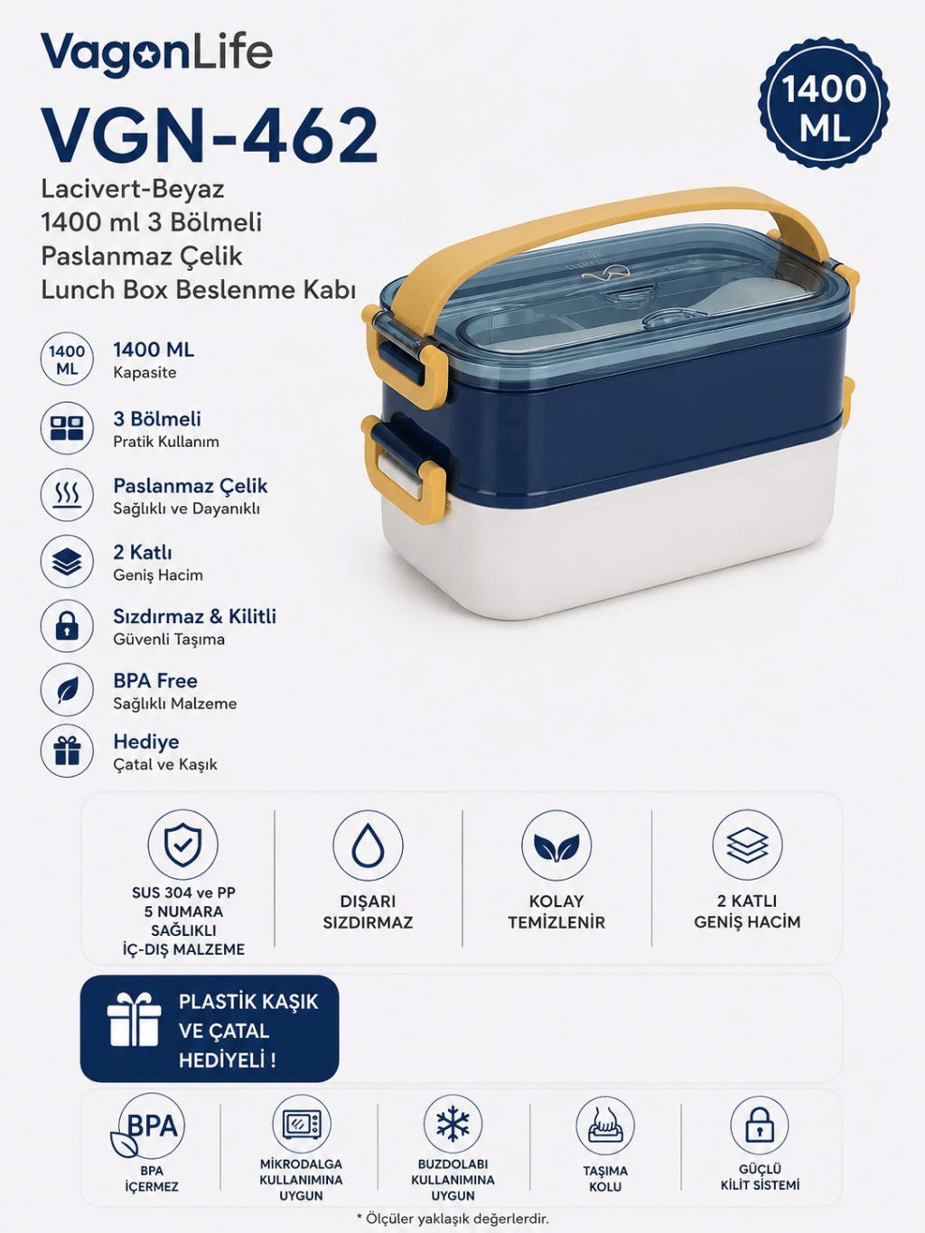 Vagon Life VGN-462 Lacivert-Beyaz 1400 ml 3 Bölmeli Paslanmaz Çelik Lunch Box Beslenme Kabı