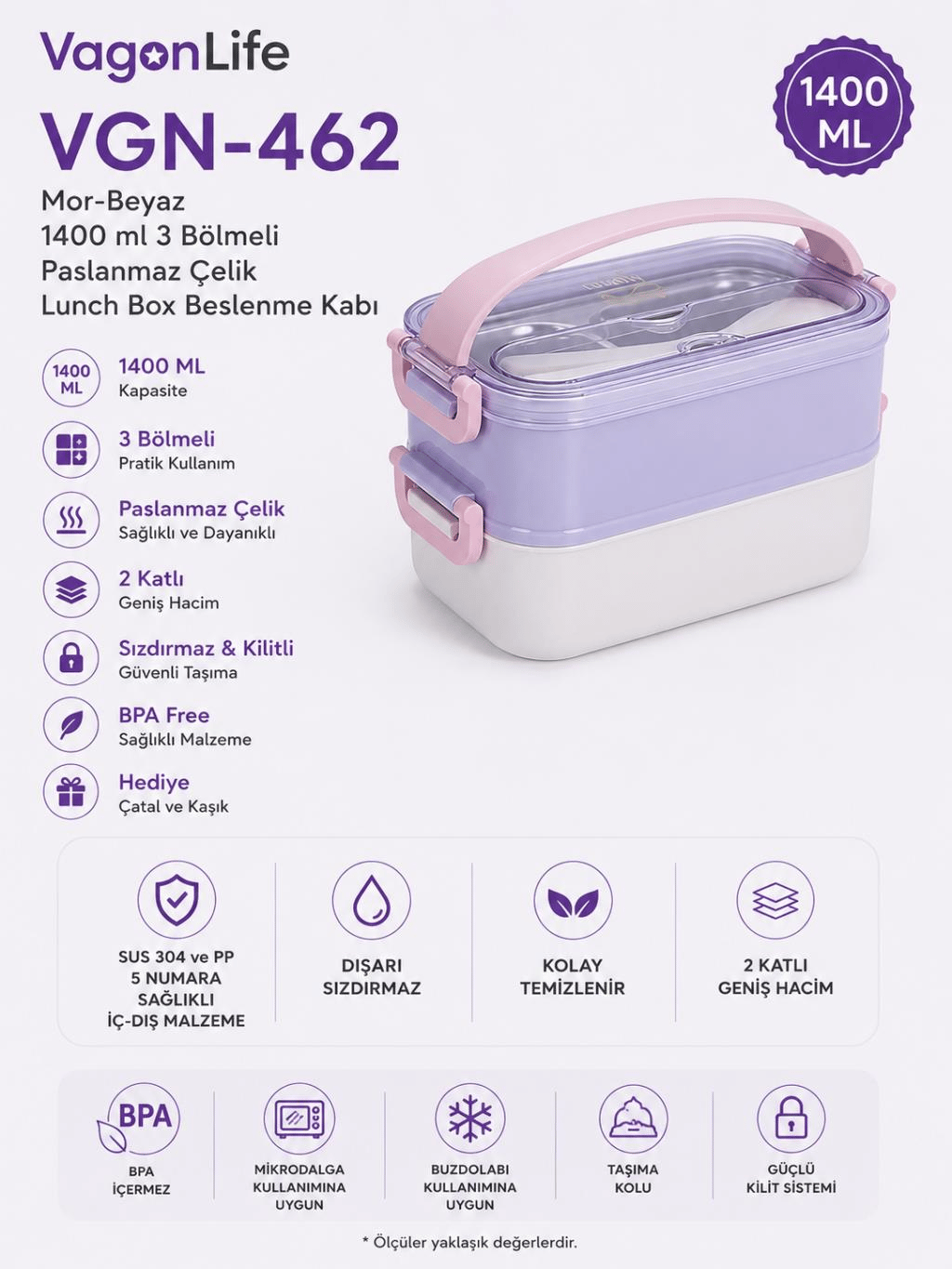Vagon Life VGN-462 Mor-Beyaz 1400 ml 3 Bölmeli Paslanmaz Çelik Lunch Box Beslenme Kabı