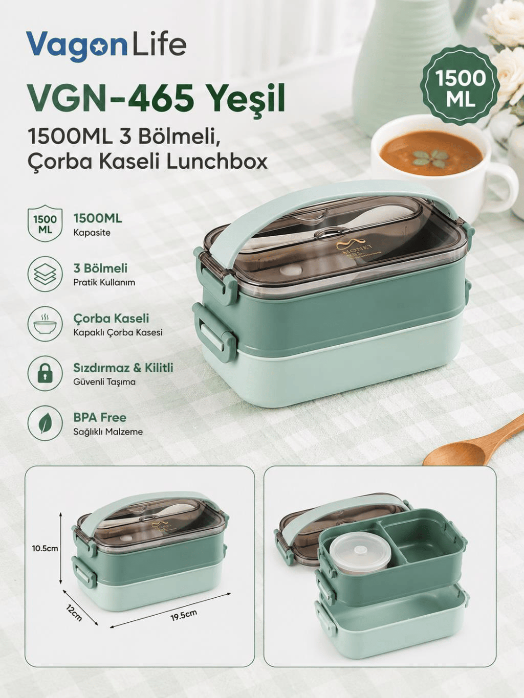 Vagon Life VGN-465 Yeşil 1500 ml Kapasiteli 3 Bölmeli Çorba Kaseli Lunch Box Beslenme Kabı
