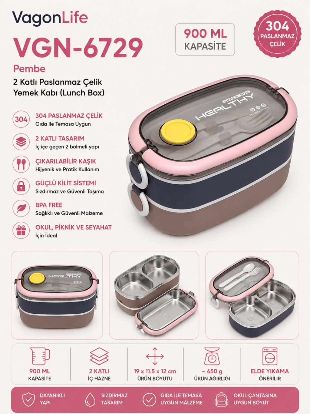 Vagon Life VGN-6729 Pembe 900 ml 2 Katlı Paslanmaz Çelik Yemek Kabı (Lunch Box)