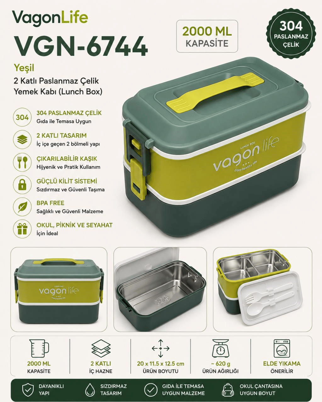 Vagon Life VGN-6744 Yeşil 2000 ml 2 Katlı Paslanmaz Çelik Yemek Kabı (Lunch Box)