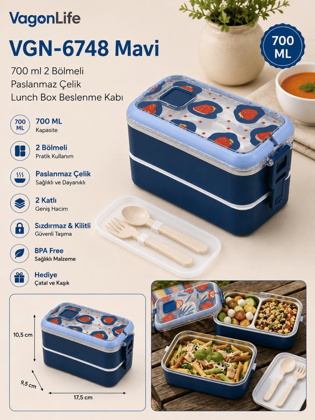 Vagon Life VGN-6748 Mavi 700 ml 2 Katlı Paslanmaz Çelik Lunch Box Beslenme Kabı