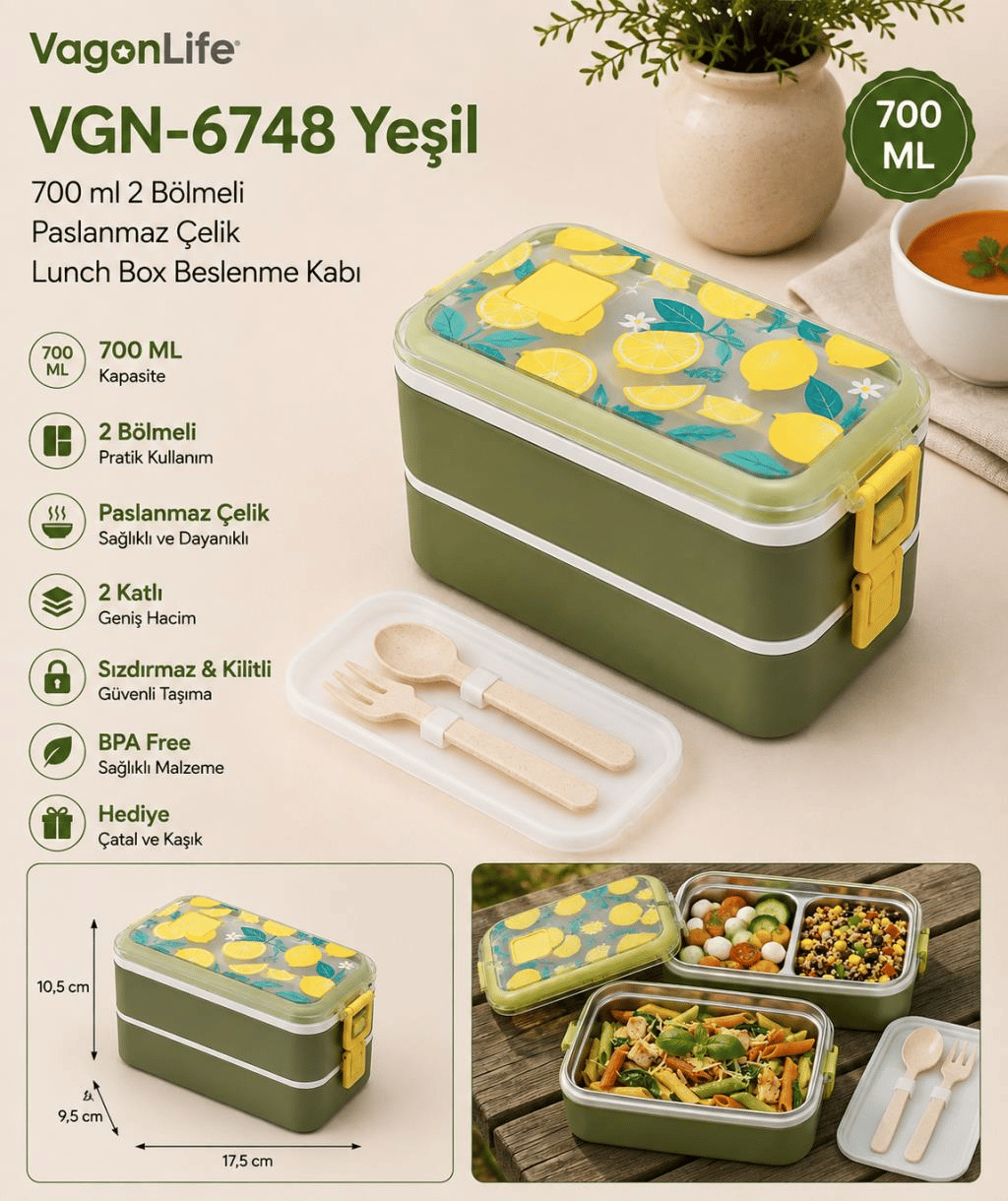 Vagon Life VGN-6748 Yeşil 700 ml 2 Katlı Paslanmaz Çelik Lunch Box Beslenme Kabı