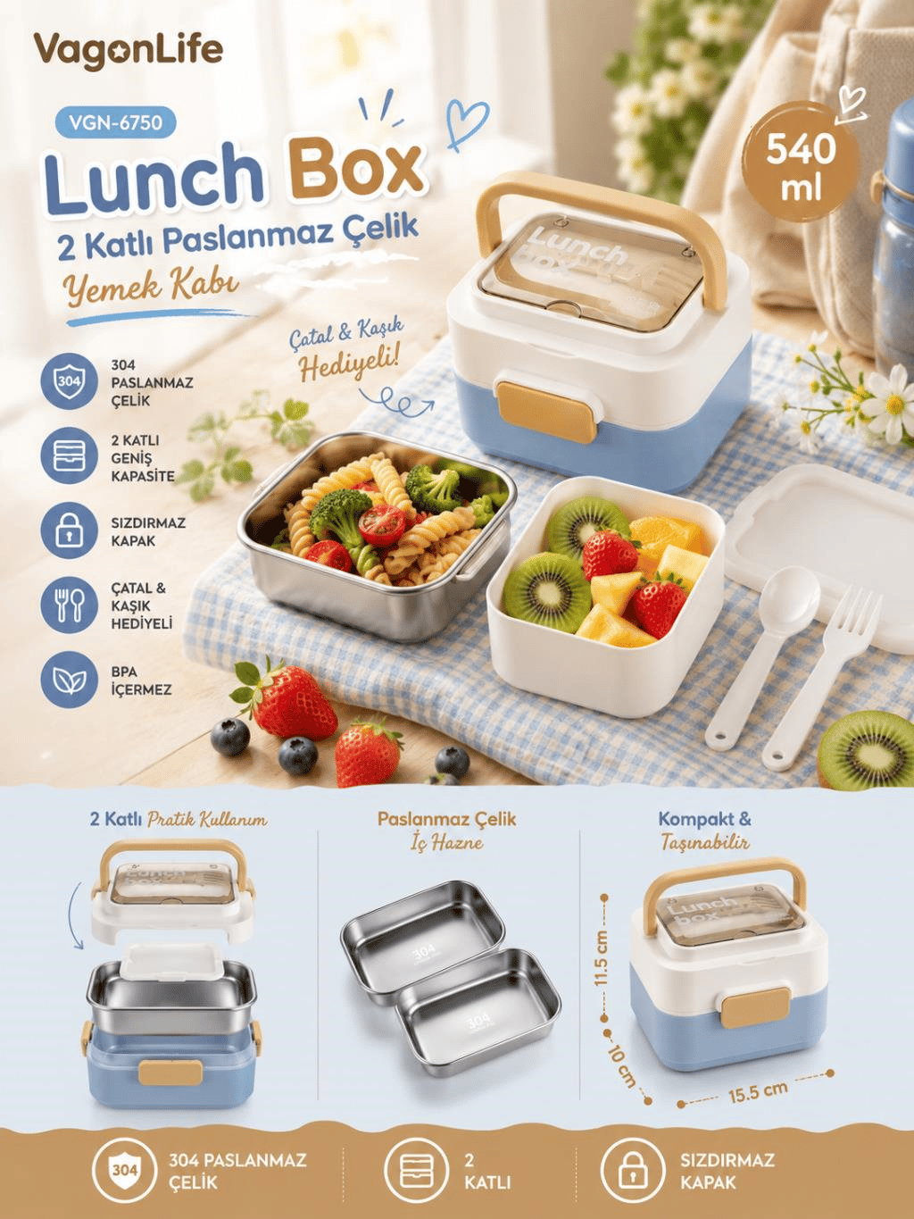 Vagon Life VGN-6750 Mavi 540 ml Çatal Kaşıklı 2 Katlı Paslanmaz Çelik Yemek Kabı (Lunch Box)