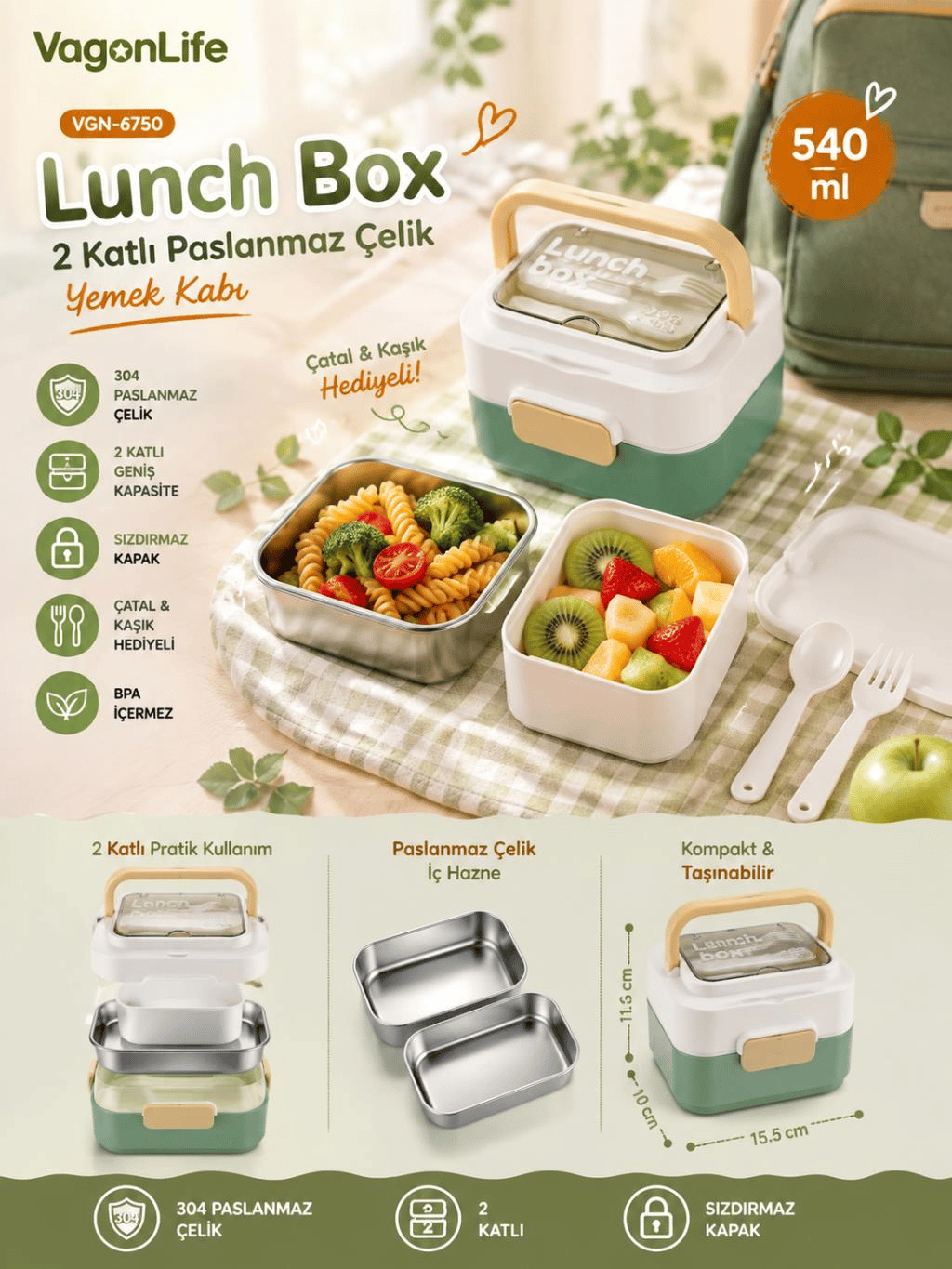 Vagon Life VGN-6750 Yeşil 540 ml Çatal Kaşıklı 2 Katlı Paslanmaz Çelik Yemek Kabı (Lunch Box)