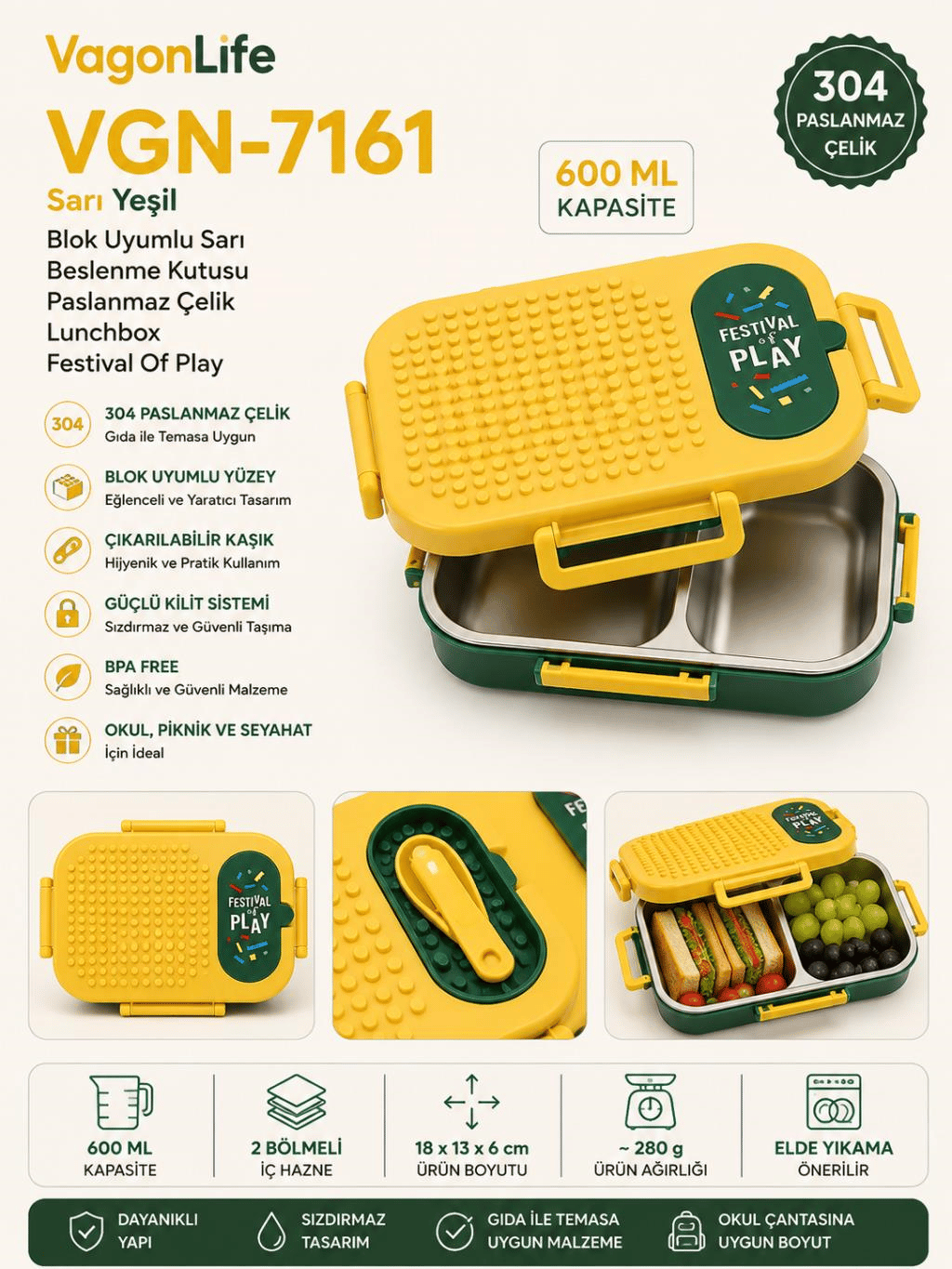Vagon Life VGN-7161 Blok Uyumlu Sarı-Yeşil Beslenme Kutusu Paslanmaz Çelik Lunchbox Festival Of Play