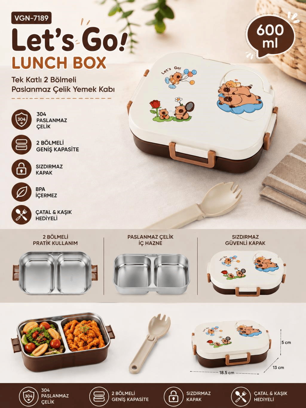 Vagon Life VGN-7189 Let's Go 600 ml Tek Katlı 2 Bölmeli Paslanmaz Çelik Yemek Kabı (Lunch Box)