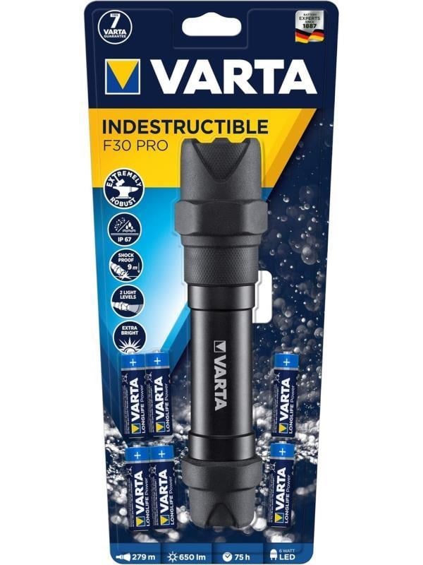 VARTA 18714 Indestructible F30 Pro 6W LED El Feneri – 650 Lümen, IP67, 6x AA Pil Dahil