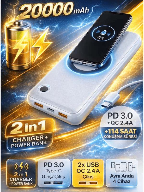 VARTA 20.000 mAh Kablosuz Powerbank – PD 3.0 + QC 2.4A, 10W Wireless, 4 Cihaz Aynı Anda