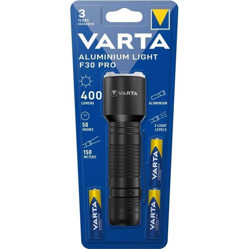 VARTA Aluminium Light F30 Pro 3xAAA El Feneri – 400 Lümen, 150 m Işın Mesafesi, 3 Işık Seviyesi (Enerji Sınıfı A)