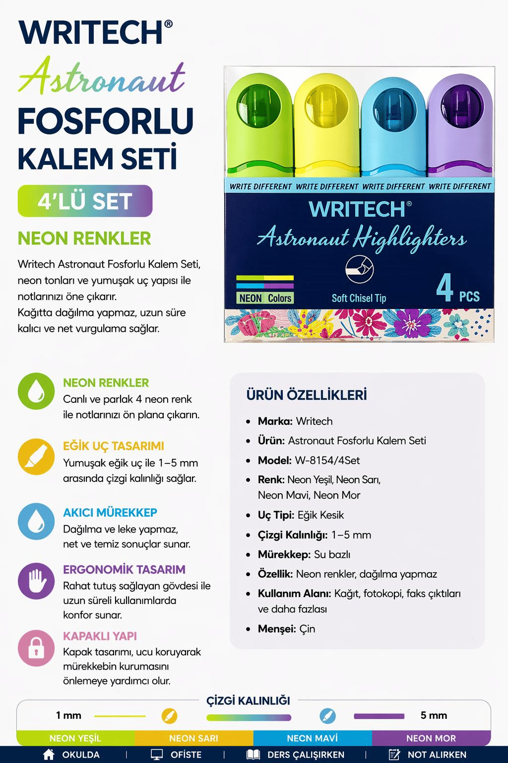 Writech Astronot Fosforlu Kalem Seti Neon Renkler 4'lü Set - W-8154/4Set
