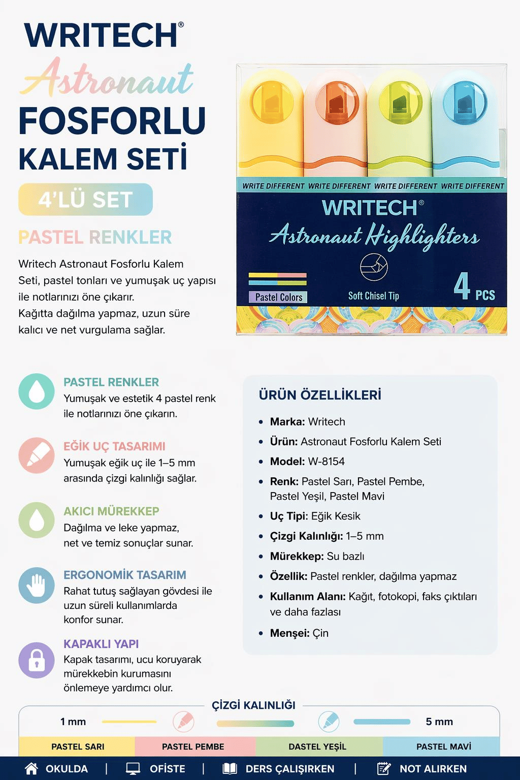 Writech Astronot Fosforlu Kalem Seti Pastel Renkler 4'lü Set W-8154 