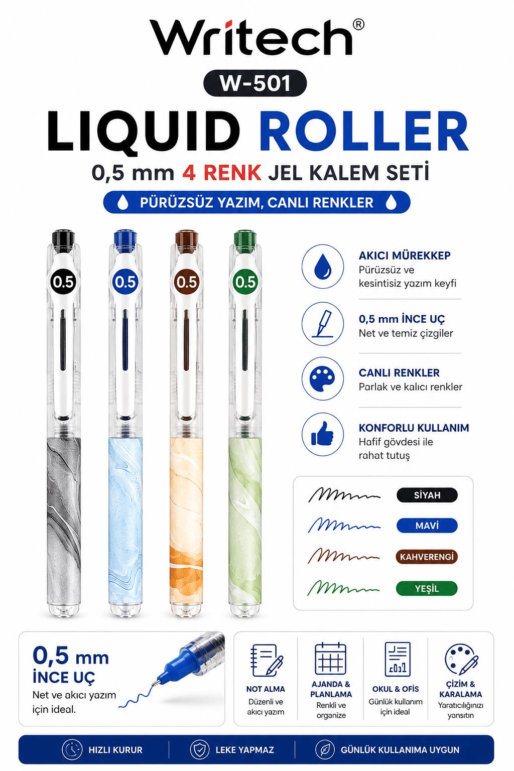 Writech W-501 Liquid Roller 0,5 mm 4 Renk Jel Kalem Seti
