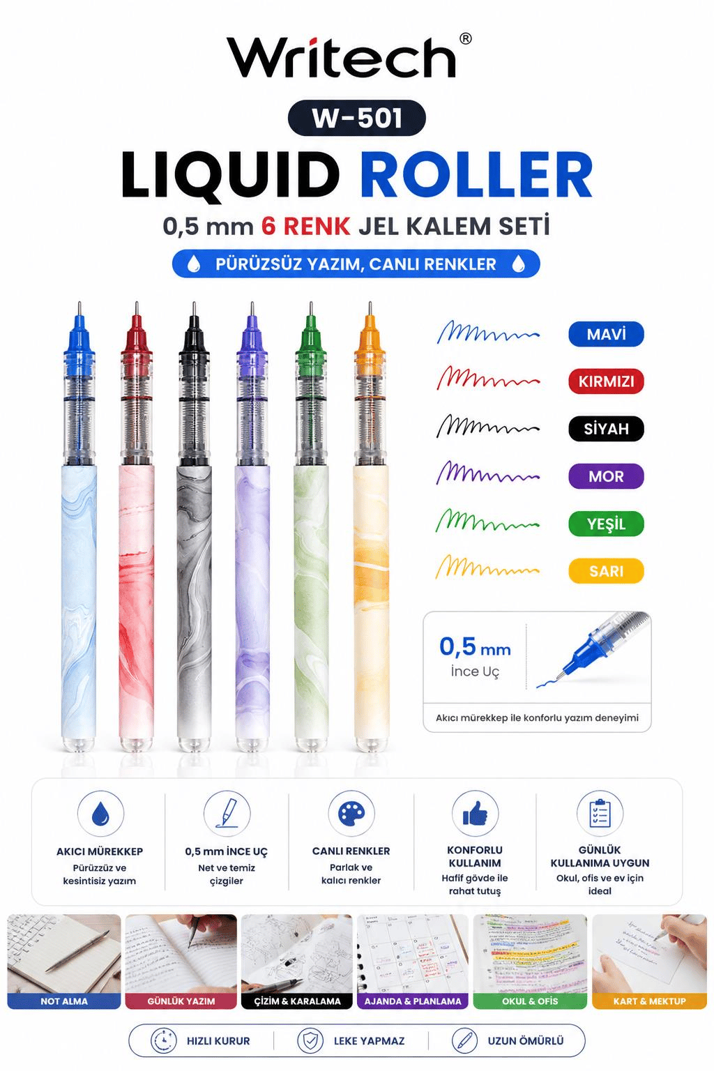 Writech W-501 Liquid Roller 0,5 mm 6 Renk Jel Kalem Seti